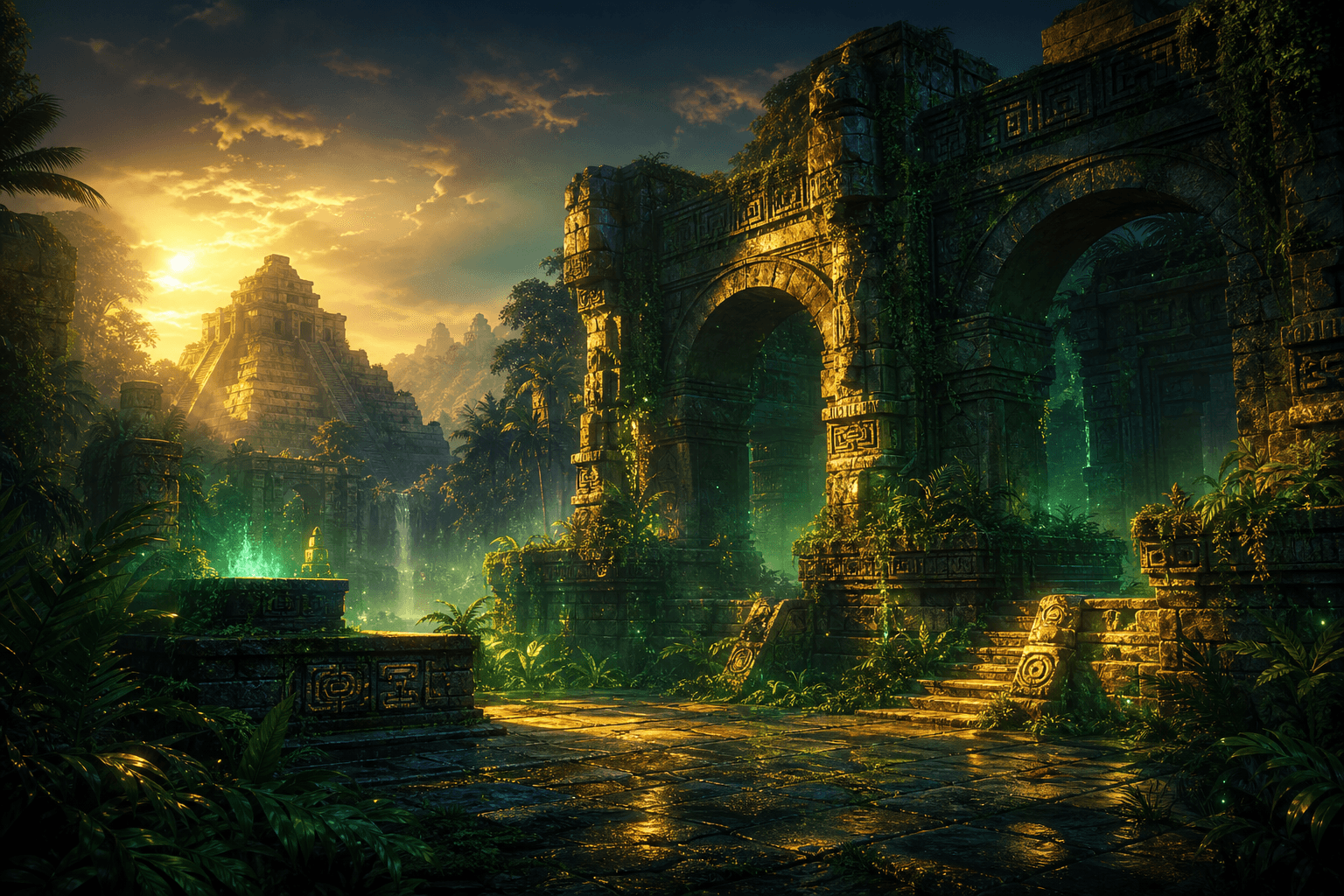 Stylised jungle temple with glowing ancient ruins and a social-style slot practice scene