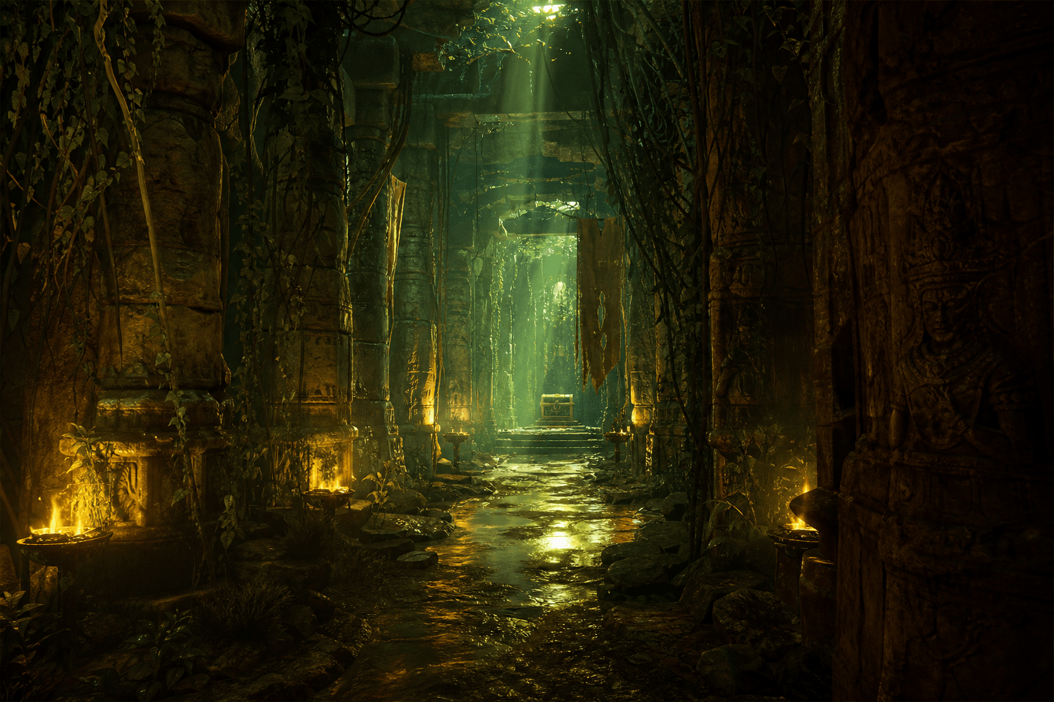 Atmospheric green and gold lighting around ancient temple ruins, illustrating a social casino-style adventure backdrop